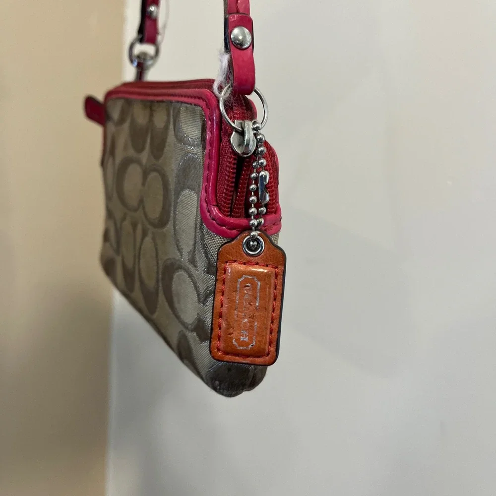 Coach Signature Monogram Wristlet Khaki Canvas Pink Patent Leather Trim Bag